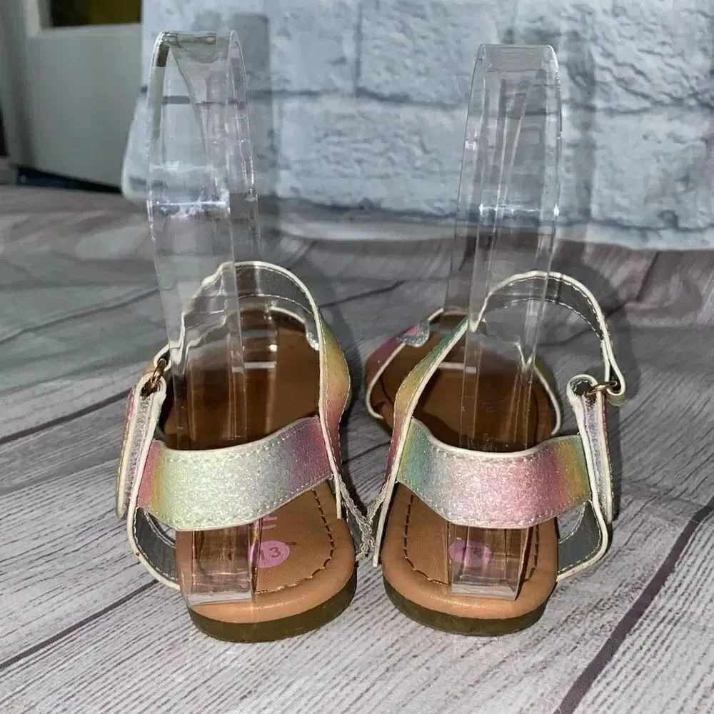 Fab kids girls 13 slip on glitter sandals w/ankle strap closure rainbow/tan